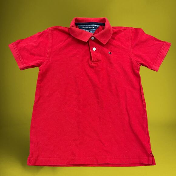 Tommy Hilfiger Polo Boys Medium 12/14 Flag Logo Red Button Up Shirt Embroidered - Picture 1 of 6
